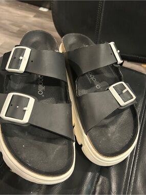 Papillio black sandals with cream platform sole